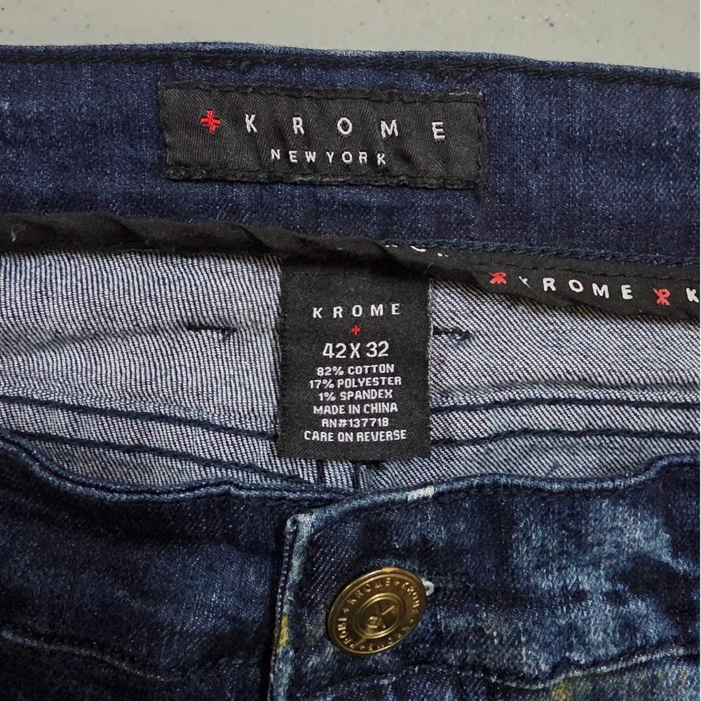 Krome New York Mens 42x32 Moto Biker Jean Acid Wash Distressed Blue Yellow Splat